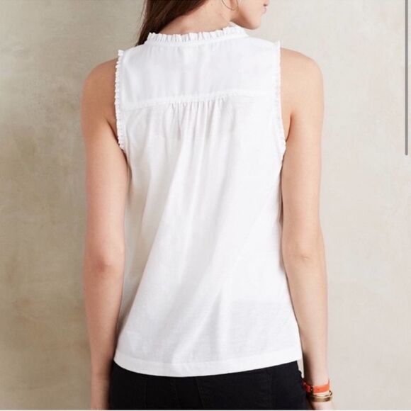 Meadow Rue x Anthro L White Cotton Blend Ruffled Neck Sleeveless Shell Tank - Picture 2 of 11